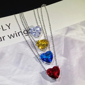 Love Pendant Necklace Colorful Crystal Diamond Heart Shape Crown Silver Plate