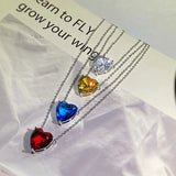 Love Pendant Necklace Colorful Crystal Diamond Heart Shape Crown Silver Plate
