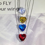 Love Pendant Necklace Colorful Crystal Diamond Heart Shape Crown Silver Plate