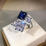 Sapphire Ice Flower Round Square Couple Ring Diamond Crystal Engagement