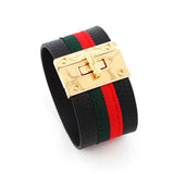 Cuff Leather Bracelets Women Red Green Ribbon Bangles Lock Wide