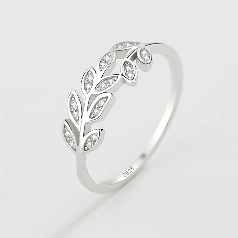 S925 Silver Diamond Crystal Leaves Rings Women Bride Jewelry
