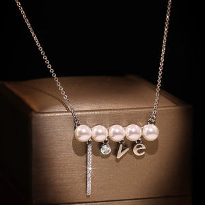S925 Silver Love Letter Pearl Pendant Necklace with Zircon Stone Tassel