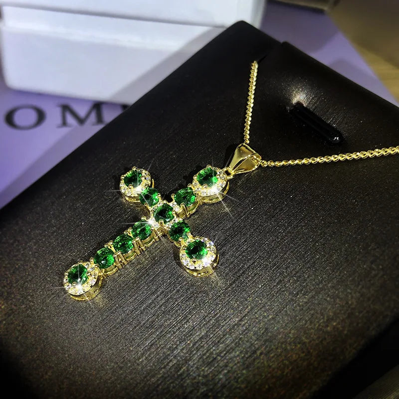 Green Zircon Cross Pendant Necklace Women's Jewelry