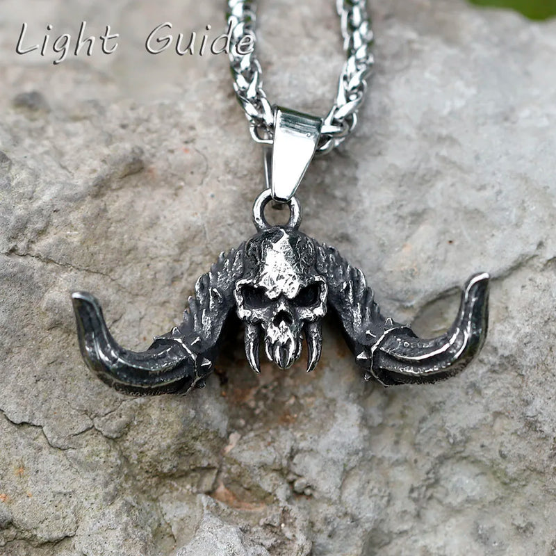 Men's Stainless-Steel Fallen Angel Skull Pendant Necklace
