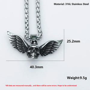 Men's Stainless-Steel Angel Wing Skull Pendant Necklace Punk Jewelry