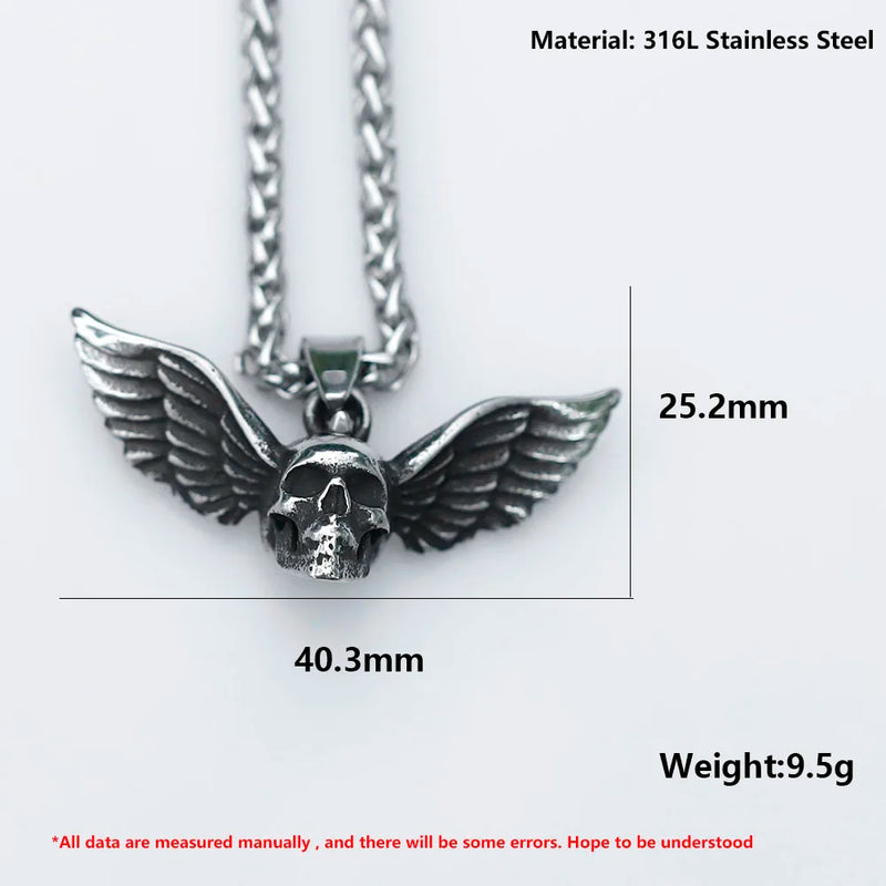 Men's Stainless-Steel Angel Wing Skull Pendant Necklace Punk Jewelry