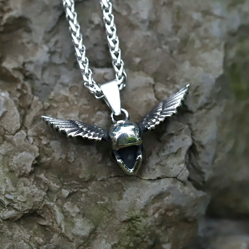 Men's Stainless-Steel Angel Wing Skull Pendant Necklace Punk Jewelry