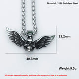 Men's Stainless-Steel Angel Wing Skull Pendant Necklace Punk Jewelry