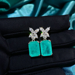 Emerald Paraiba Stud Earrings 6ct 10*14mm Full Diamond Butterfly Design