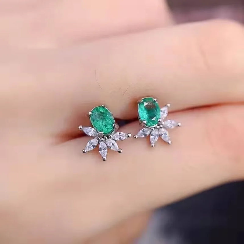 Ice Cut Flower Paraiba Stud Earrings For Womens Girl Emerald Oval Geometric