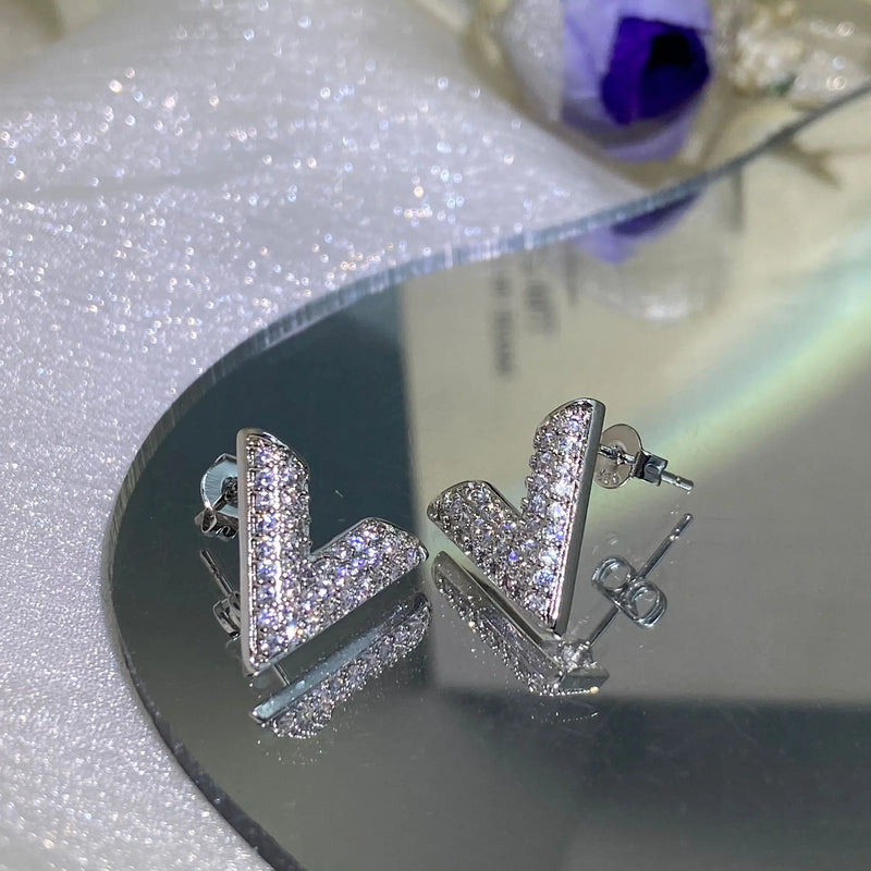 V Shape Diamond Earrings Crystal Zircon S925 Silver Engagement Gift