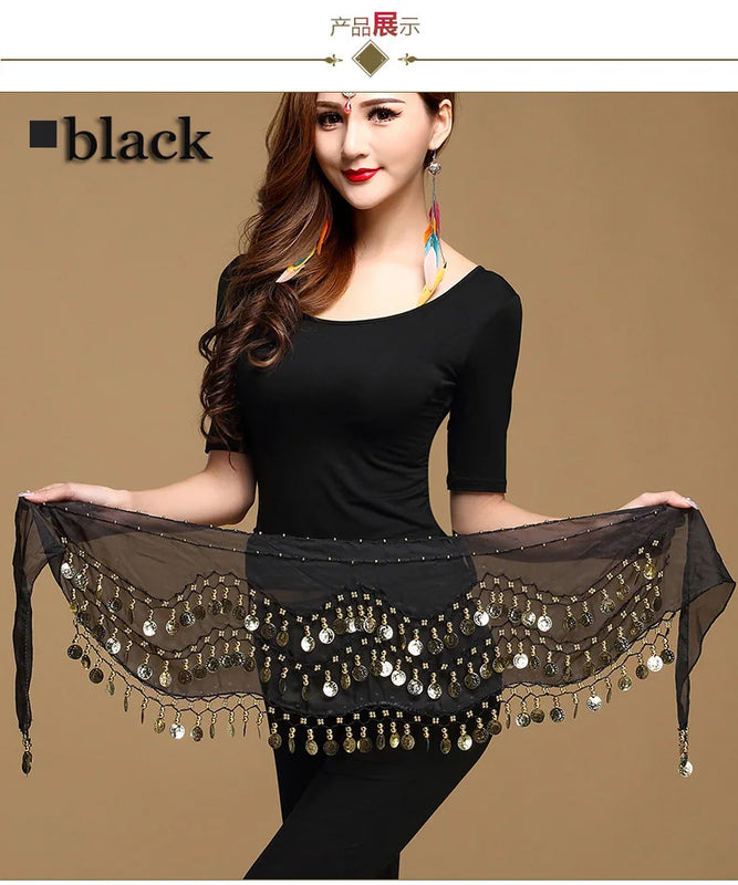 Belly Dance Hip Scarf 3 Row Belt Skirt with Coins Waist Chain Wrap