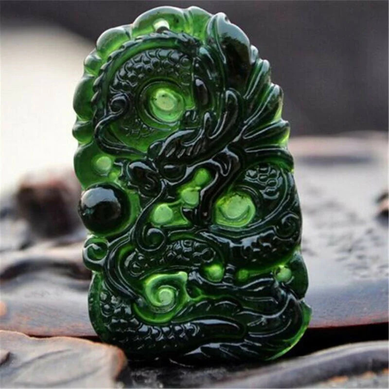 Natural Green Jade Loong Pendant Necklace Carved Jewelry Amulet Stone