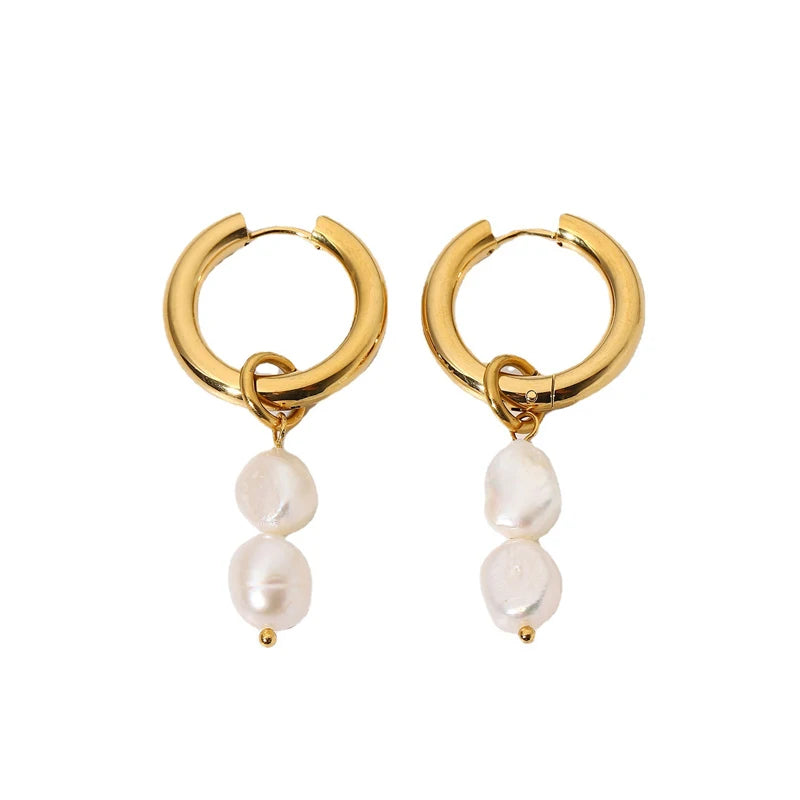 18KGF Natural Freshwater Pearl Hoop Earrings French Style