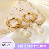 18KGF Natural Freshwater Pearl Hoop Earrings French Style