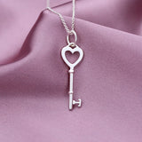 925 Silver Heart Key Necklace European Women's Jewelry