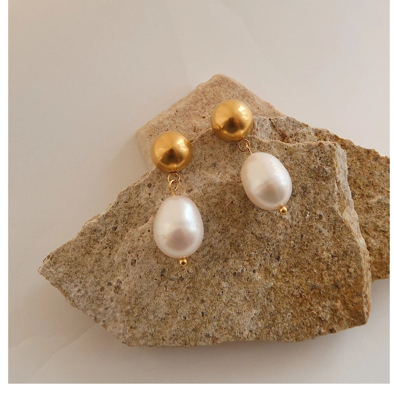 Natural Pearl Drop Earrings 14KGF Statement Earrings