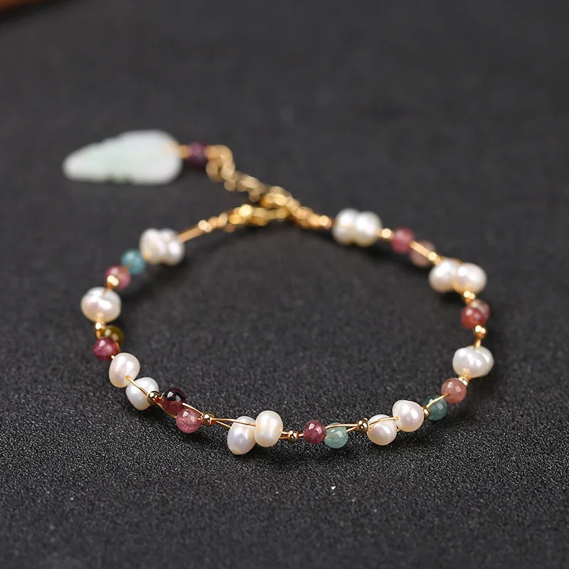 14KGF Natural Stone Pearl Bead Bracelet Women Adjustable Woven Jewelry Gift