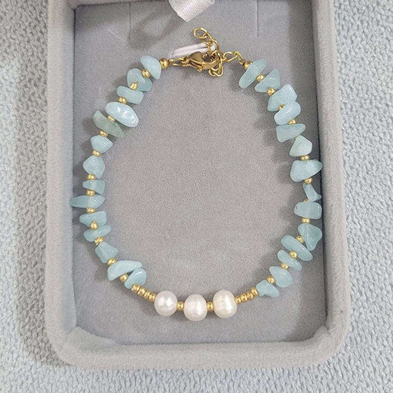 18KGF Natural Freshwater Pearls Crystal Beaded Bracelet for Women