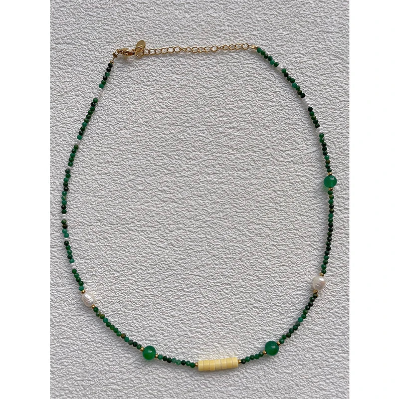 Vintage Style 18KGF Pearl Green Stone Choker Necklace