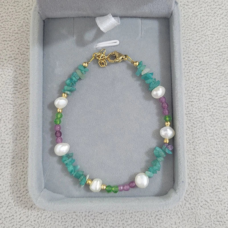18KGF Stone Pearls Bracelet Amethyst Crystal Pearl Bangle Jewelry