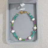 18KGF Stone Pearls Bracelet Amethyst Crystal Pearl Bangle Jewelry