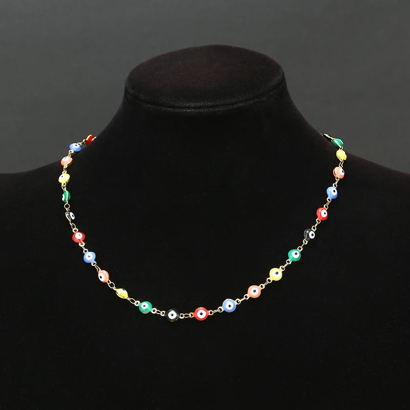 9 Colors Stainless Steel Bead Necklace Evil Eye Charm Female Jewelry