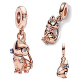 925 Silver Cat Charm Rose Beads for Bracelets DIY Jewelry