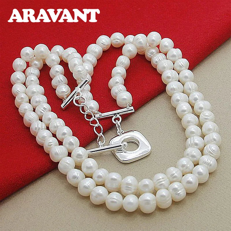 925 Silver Double Layered Pearl Necklace Chains For Women