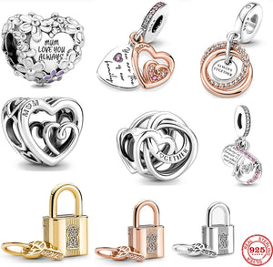 925 Silver Beads Mon Hearts Double Dangle Lock Charm Pendants