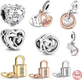 925 Silver Beads Mon Hearts Double Dangle Lock Charm Pendants