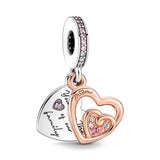 925 Silver Beads Mon Hearts Double Dangle Lock Charm Pendants