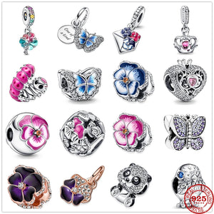 925 Silver Beads Pink Flower Butterfly Crown Heart Pendants