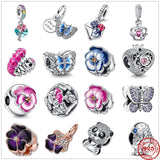 925 Silver Beads Pink Flower Butterfly Crown Heart Pendants