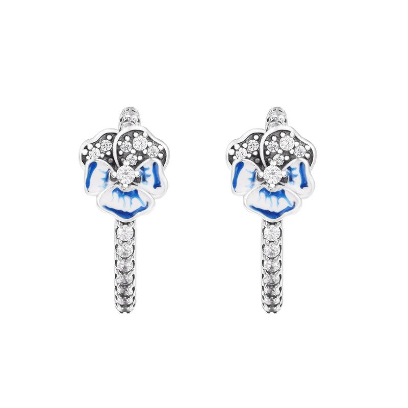 925 Silver Pansy Flower Hoop Earrings for Women Girls Jewelry