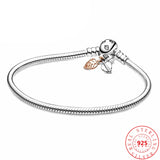 925 Sterling Silver Snake Chain Bracelet with Leaves Clasp for Charms