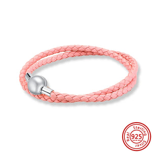 925 Silver Clasp Leather Weave Love Charm Bracelet