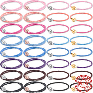 925 Silver Clasp Leather Weave Love Charm Bracelet
