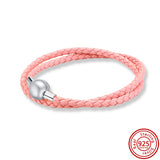 925 Silver Clasp Leather Weave Love Charm Bracelet