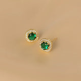 925 Silver Green Square Diamond Stud Earrings Retro Emerald Zircon Clip