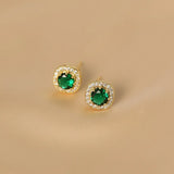 925 Silver Green Square Diamond Stud Earrings Retro Emerald Zircon Clip