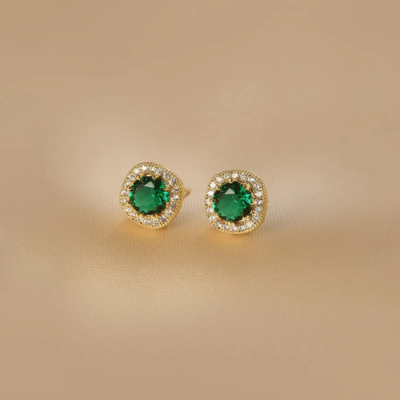 925 Silver Green Square Diamond Stud Earrings Retro Emerald Zircon Clip