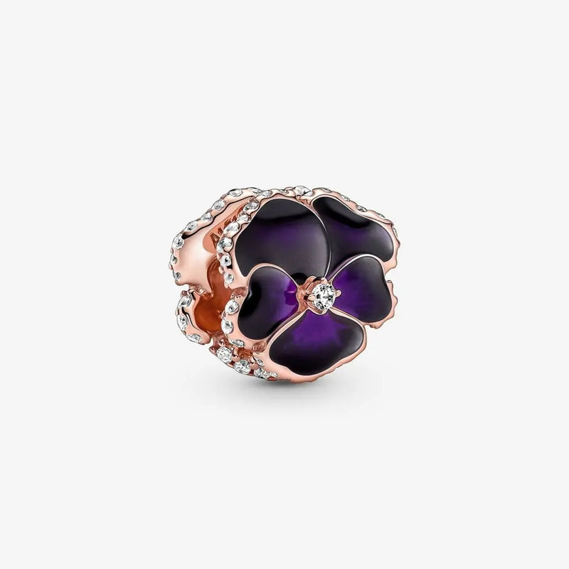 925 Silver Purple Pansy Flower Charm Bead for Bracelet