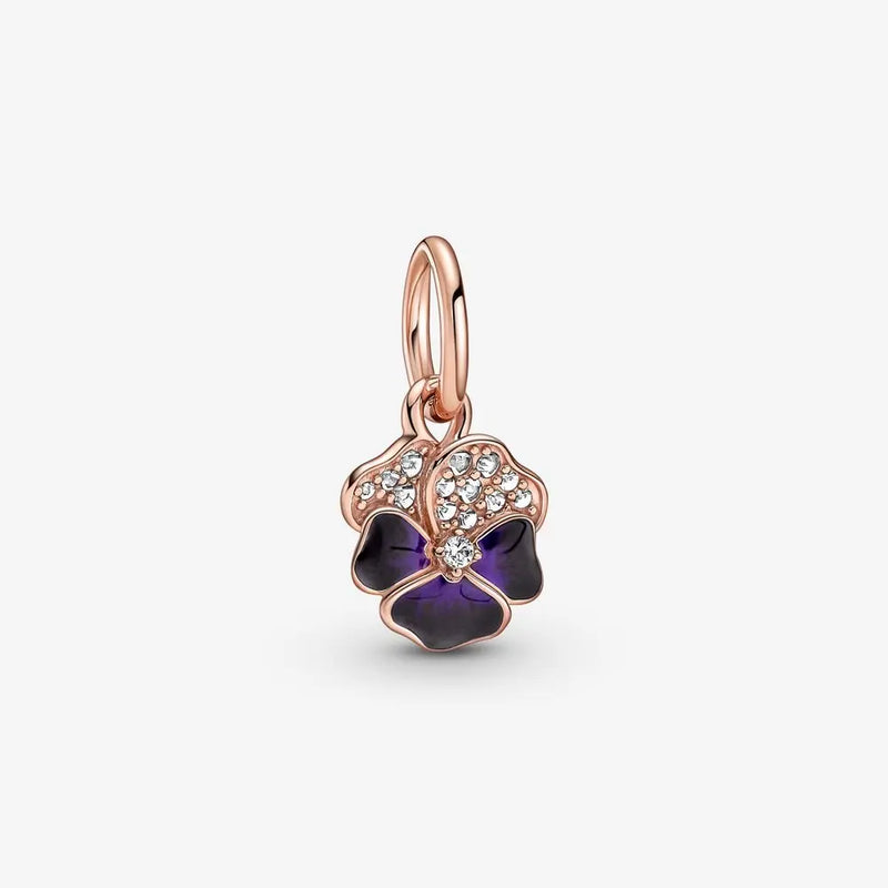 925 Silver Deep Purple Pansy Flower Dangle Charm Bead for Europe Bracelet