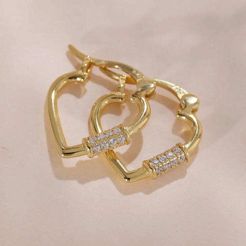 925 Silver CZ Hoop Earrings Heart Shape 18K Plated Female Jewelry