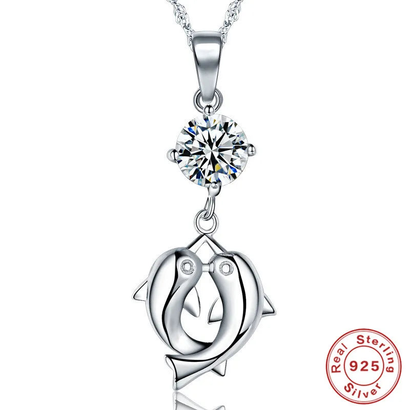 925 Silver Dolphin Pendant Necklace Chain Link for Women