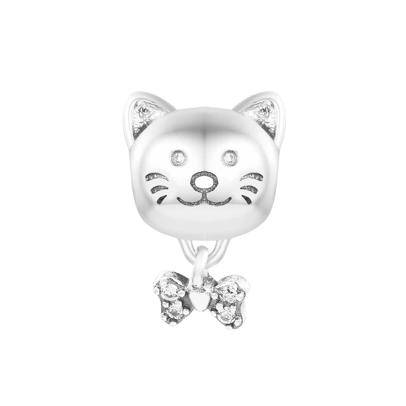 925 Silver Cat & Bow Dangle Charms, Bracelet Beads for Jewelry Making