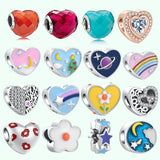 925 Sterling Silver Pink Heart Enamel Stars Charms Red Glass Bracelet DIY