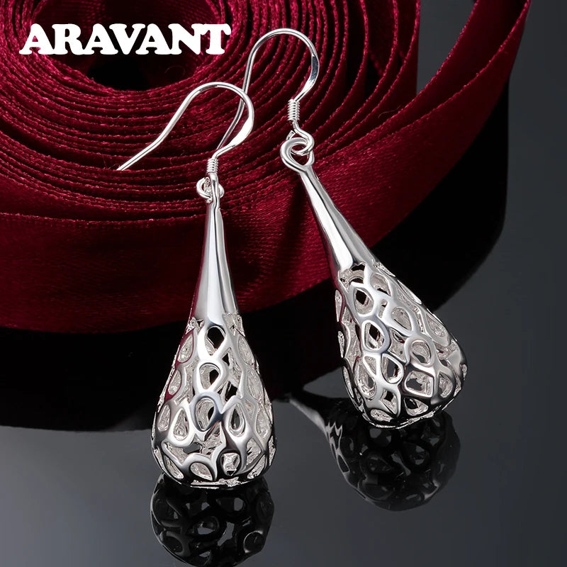 925 Silver Hollow Teardrop Long Earrings Wedding Jewelry Women